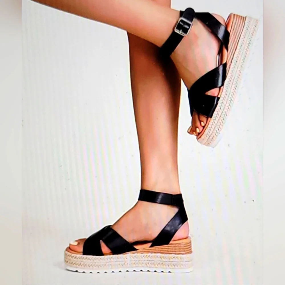 NIB ESPADRILLE MACRAME OPEN TOE ANKLE STRAP PLATFORM SANDALS BLACK